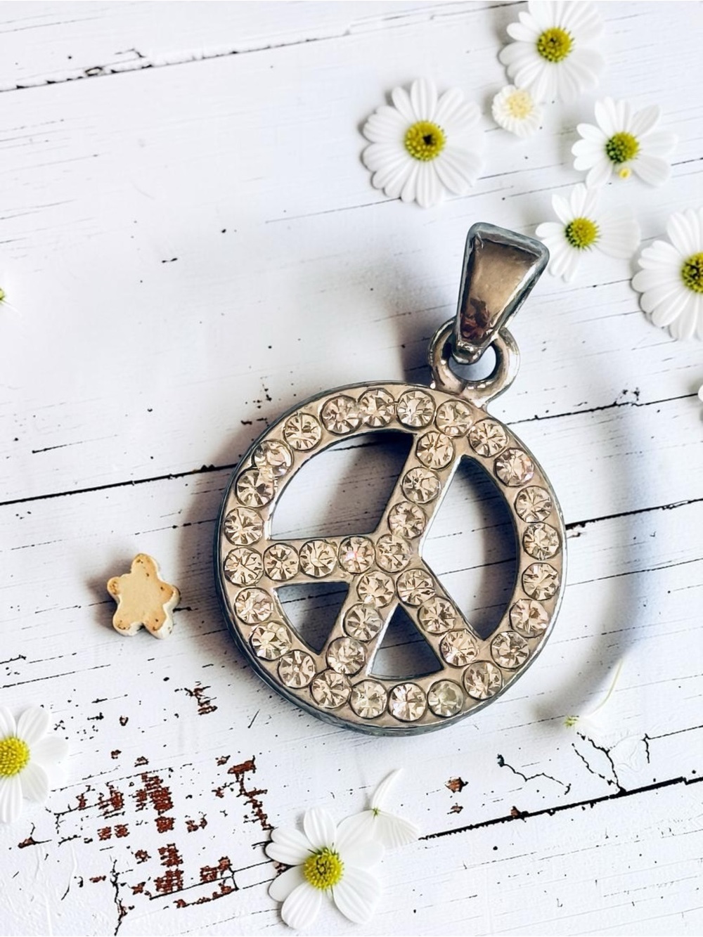 Silver Tone Bling Peace Sign Pendant